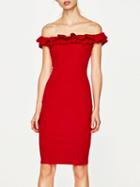 Choies Red Off Shoulder Ruffle Trim Bodycon Dress