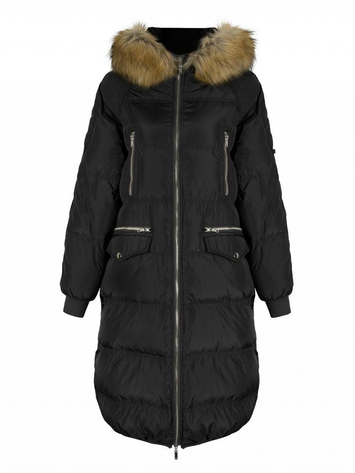Choies Black Faux Fur Trim Hood Detail Longline Padded Jacket