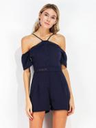 Choies Navy Cold Shoulder Lace Panel Spaghetti Strap Romper Playsuit