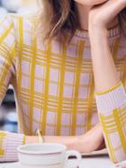 Choies Yellow Plaid Long Sleeve Chic Women Knit Sweater