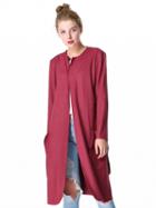 Choies Red Faux Suede Open Front Long Sleeve Trench Coat