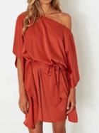 Choies Orange One Shoulder Cape Sleeve Tie Waist Dress