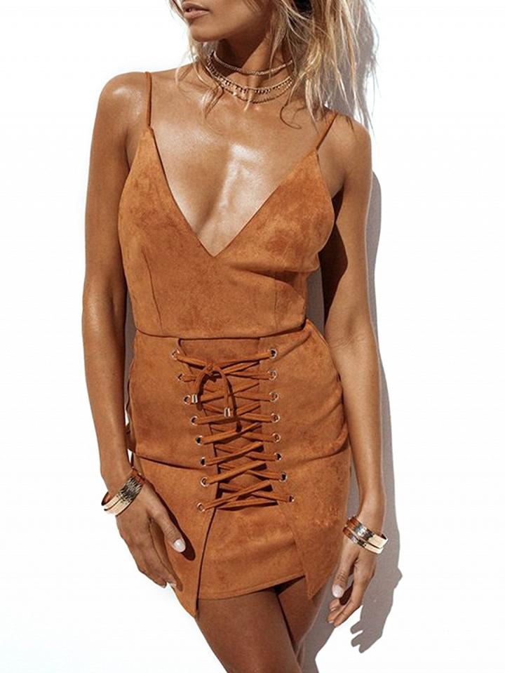 Choies Brown Faux Suede V-neck Lace Up Front Backless Bodycon Mini Dress