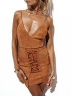 Choies Brown Faux Suede V-neck Lace Up Front Backless Bodycon Mini Dress