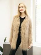Choies Light Khaki Collarless Longline Faux Fur Coat