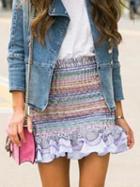 Choies Polychrome Stripe High Waist Ruffle Hem Chic Women Mini Skirt
