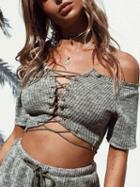 Choies Gray Off Shoulder Lace Up Short Sleeve Ribbed Crop Top