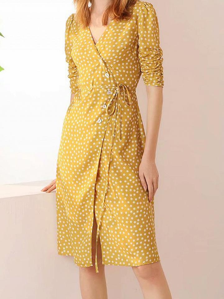 Choies Yellow V-neck Polka Dot Print Tie Waist Chic Women Dress