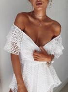Choies White Off Shoulder Layered Tie Waist Lace Romper Playsuit
