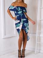 Choies Dark Blue Off Shoulder Leaves Print Wrap Asymetric Dress