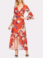Choies Red V-neck Floral Print Flare Sleeve Hi-lo Maxi Dress