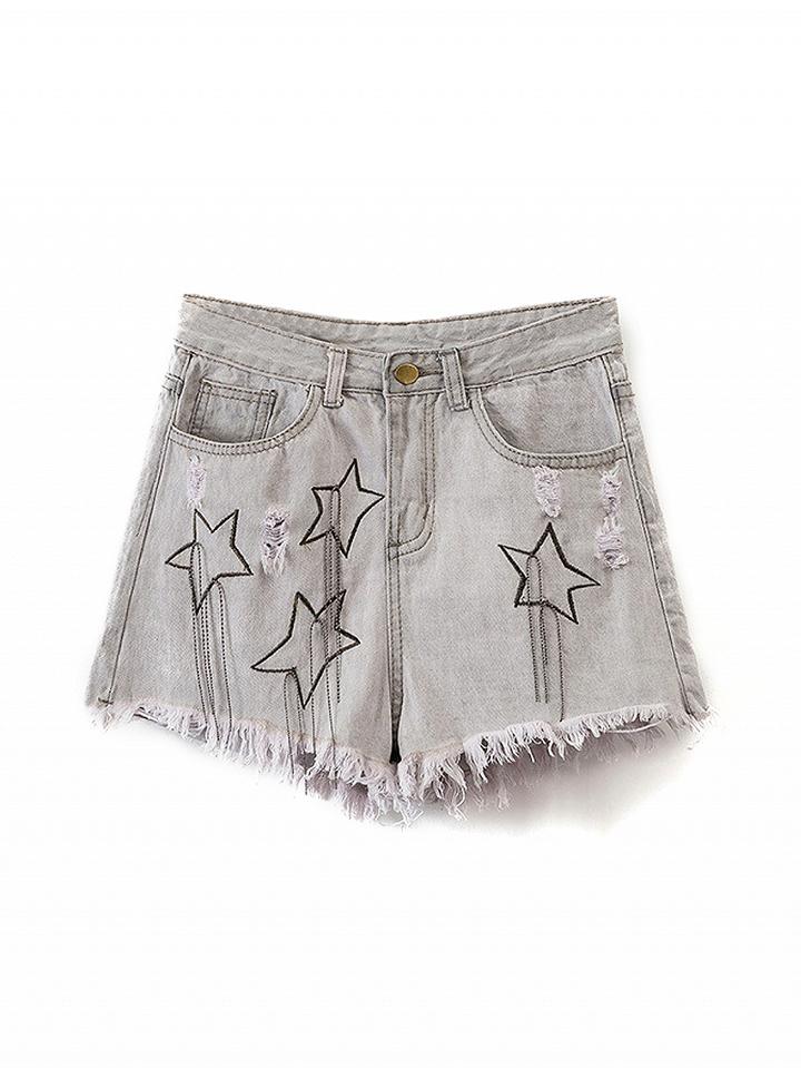 Choies Gray Star Embroidery Raw Hem Denim Shorts