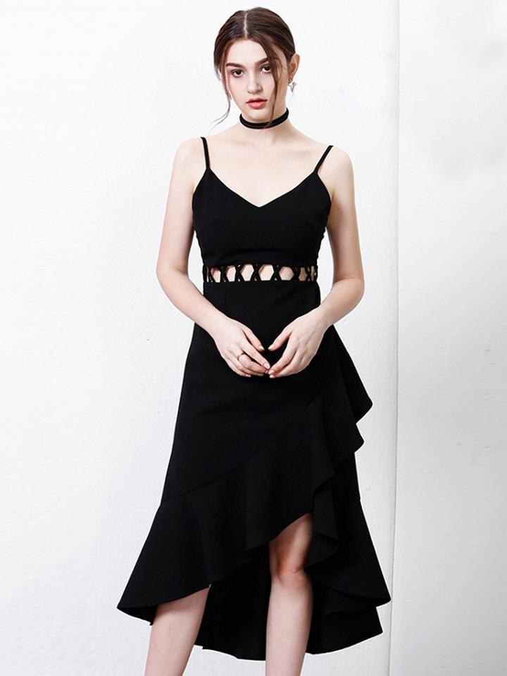 Choies Black V-neck Spaghetti Strap Cut Out Ruffle Hem Hi-lo Dress