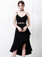 Choies Black V-neck Spaghetti Strap Cut Out Ruffle Hem Hi-lo Dress