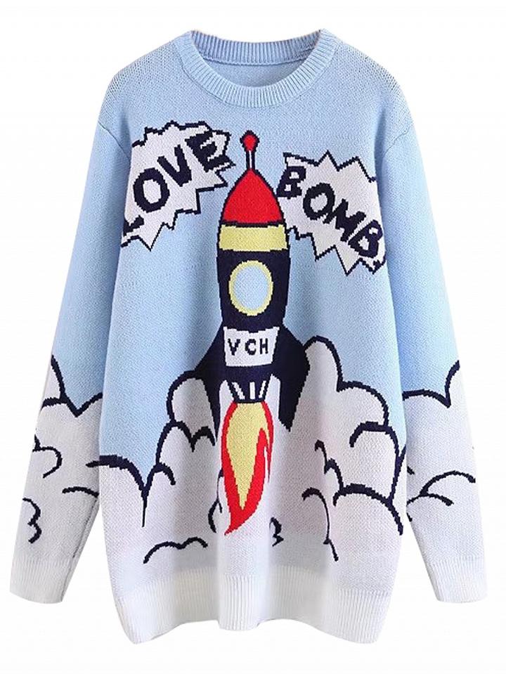 Choies Blue Rocket Pattern Long Sleeve Knit Sweater