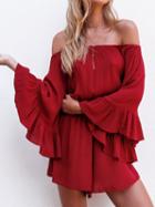 Choies Red Off Shoulder Cape Sleeve Ruffle Cuff Romper Playsuit