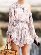 Choies Pink Off Shoulder Floral Print Long Sleeve Chic Women Romper Playsuit