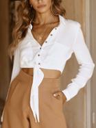 Choies White V-neck Button Placket Front Long Sleeve Chic Women Crop Shirt