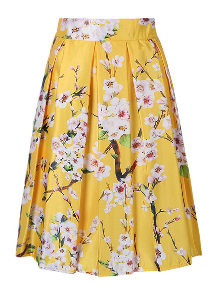 Choies Yellow Sakura Print High Waist Pleated Skater Skirt