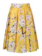 Choies Yellow Sakura Print High Waist Pleated Skater Skirt