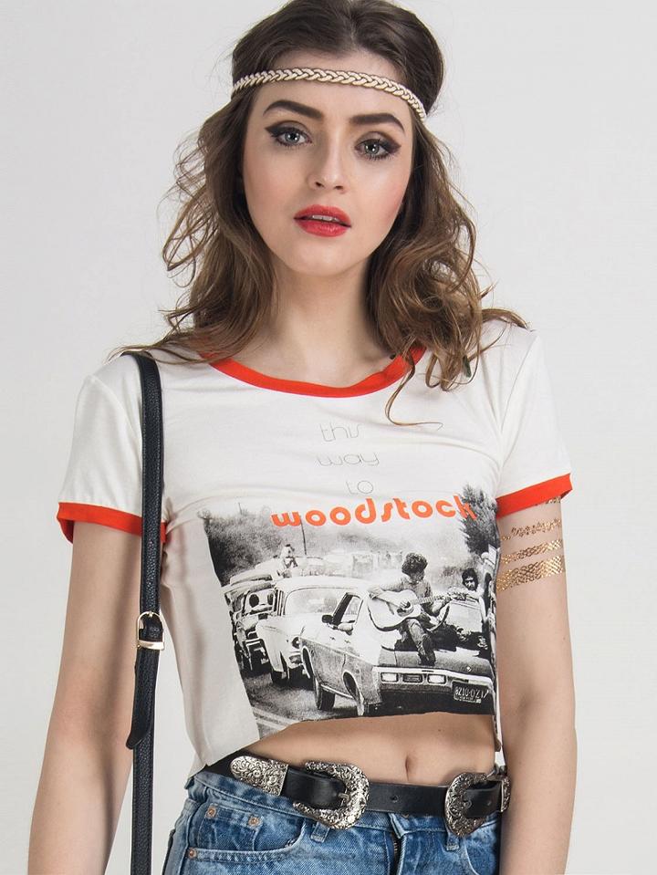 Choies White Contrast Neckline Latter Short Sleeve Cropped T-shirt