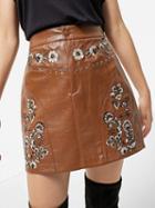 Choies Dark Khaki High Waist Embroidery Floral Leather Look Mini Skirt