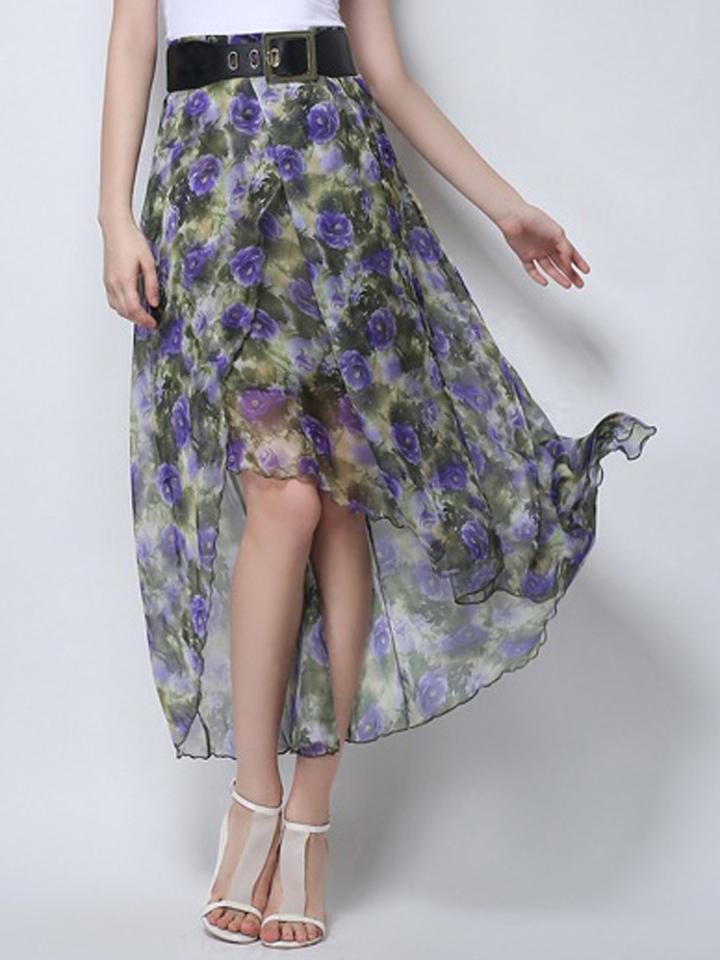 Choies Purple Floral Leaves Print High Waist Asymmetric Hem Midi Skirt