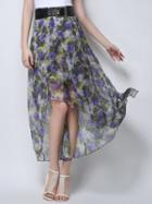Choies Purple Floral Leaves Print High Waist Asymmetric Hem Midi Skirt