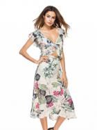 Choies Polychrome V-neck Ruffle Trim Pom Pom Crop Top And Midi Wrap Skirt