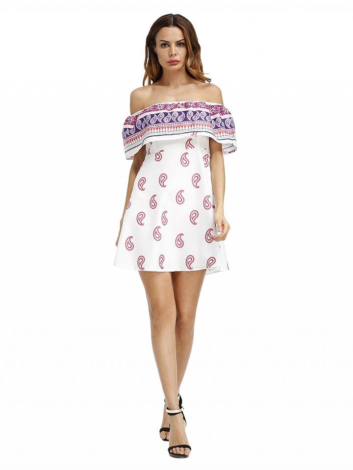 Choies White Off Shoulder Paisley Print A-line Mini Dress