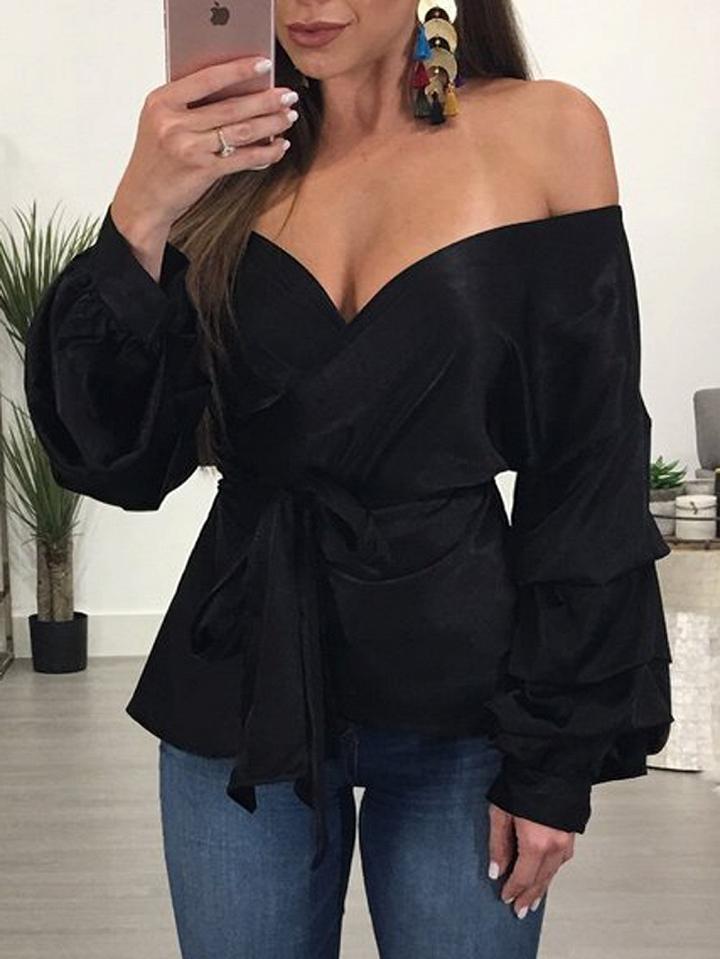 Choies Black Off Shoulder Wrap Tie Waist Ruched Long Sleeve Blouse
