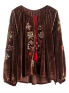 Choies Brown Velvet Embroidery Detail Tassel Tie Long Sleeve Blouse
