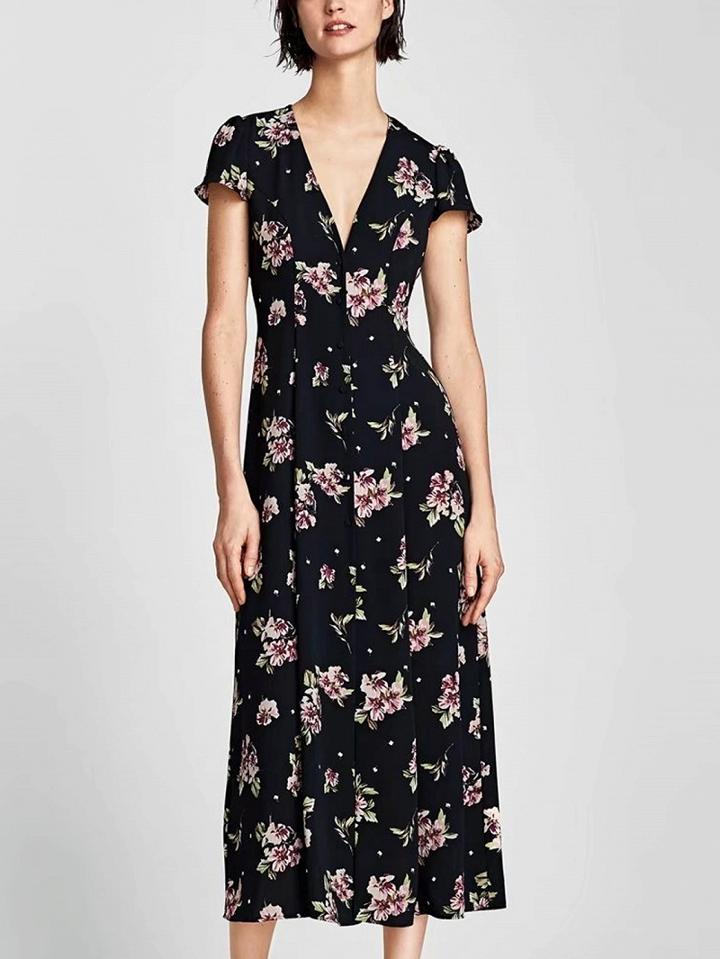 Choies Black V-neck Floral Cap Sleeve Maxi Dress