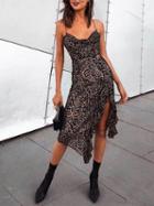 Choies Brown Velvet Leopard Print Asymmetric Hem Women Cami Dress
