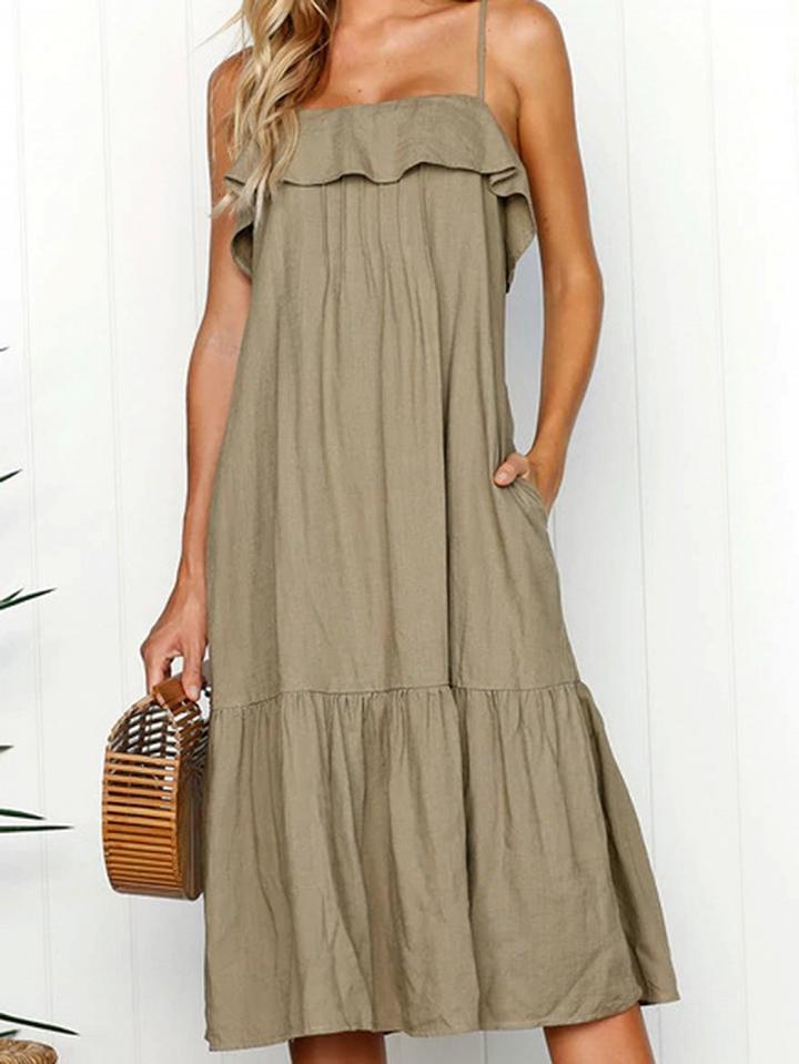 Choies Khaki Cotton Blend Ruffle Trim Open Back Chic Women Cami Midi Dress