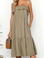 Choies Khaki Cotton Blend Ruffle Trim Open Back Chic Women Cami Midi Dress
