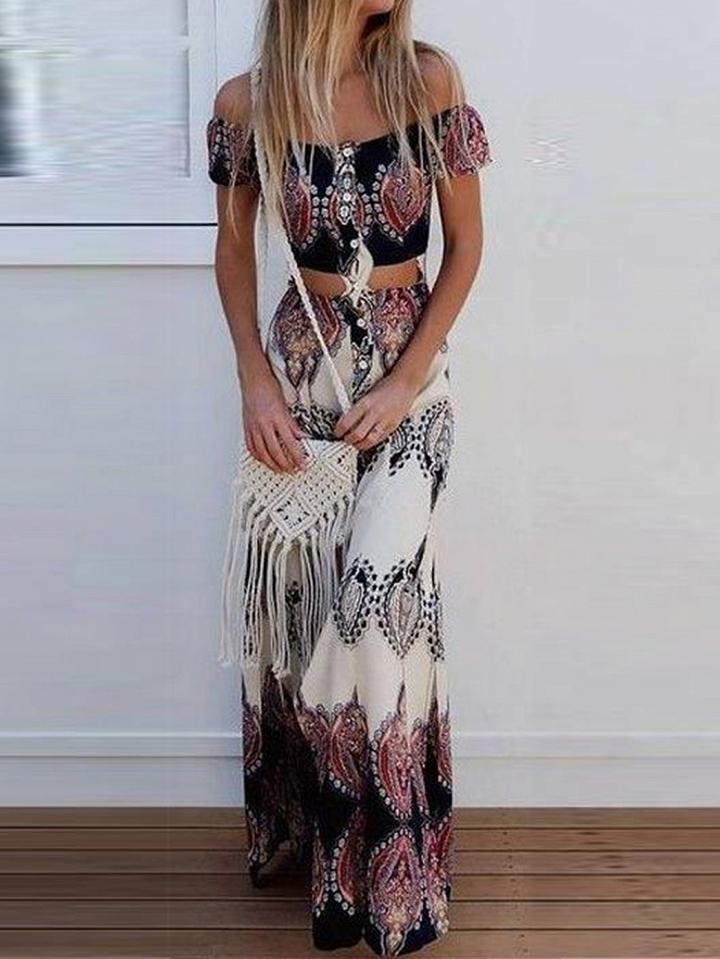 Choies Polychrome Off Shoulder Folk Print Crop Top And High Waist Skirt