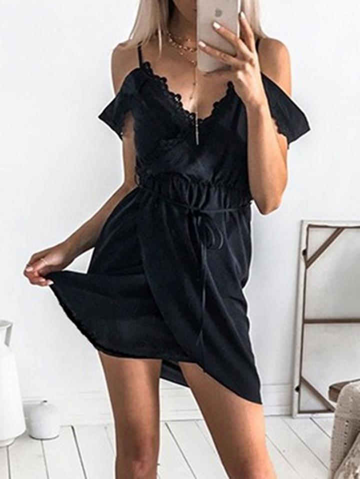 Choies Black V-neck Lace Panel Trim Chic Women Cami Mini Dress