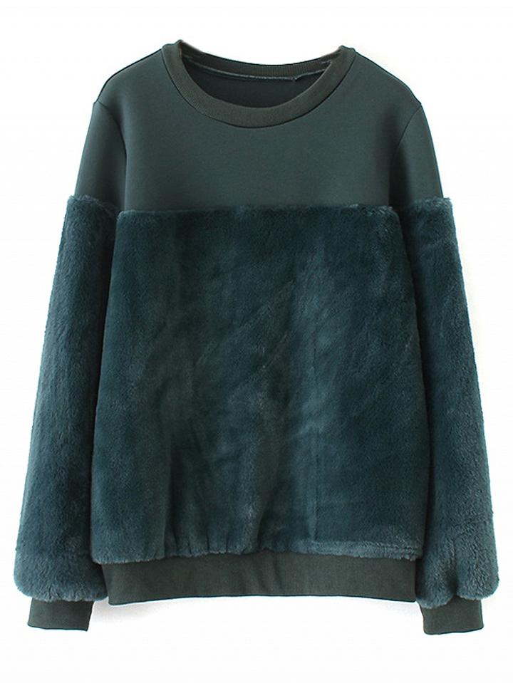 Choies Green Faux Fur Panel Long Sleeve Sweatshirt