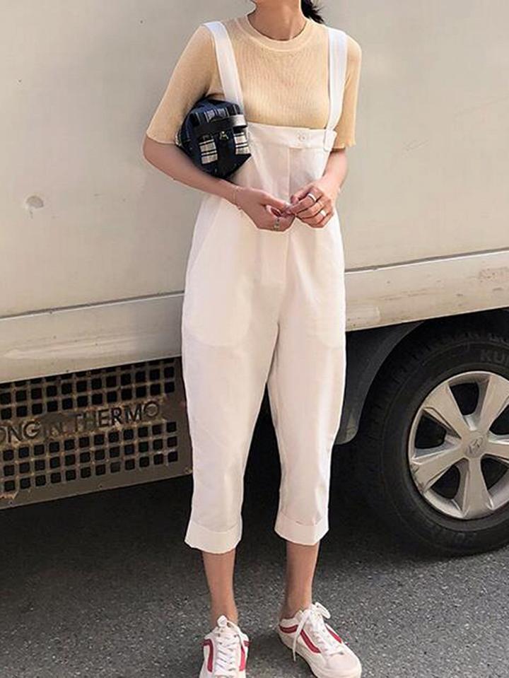 Choies White Cotton Shoulder Strap Pocket Detail Chic Women Overall
