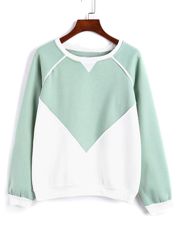 Choies Green Color Block Fleece Lining Long Sleeve Sweatshirt