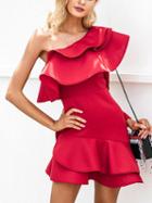 Choies Red One Shoulder Ruffle Trim Mini Dress