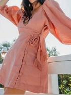 Choies Pink Plunge Tie Waist Puff Sleeve Chic Women Mini Dress