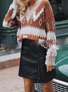 Choies Brown V-neck Fair Isle Print Long Sleeve Chic Women Knit Sweater