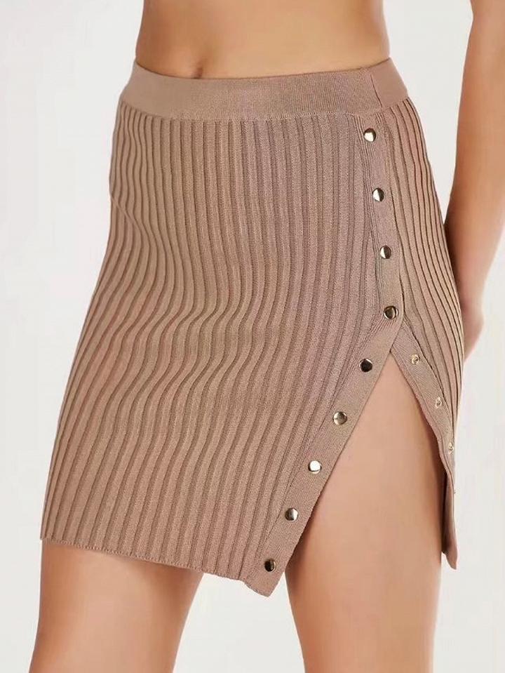 Choies Pink High Waist Button Side Rib Knit Bodycon Mini Skirt