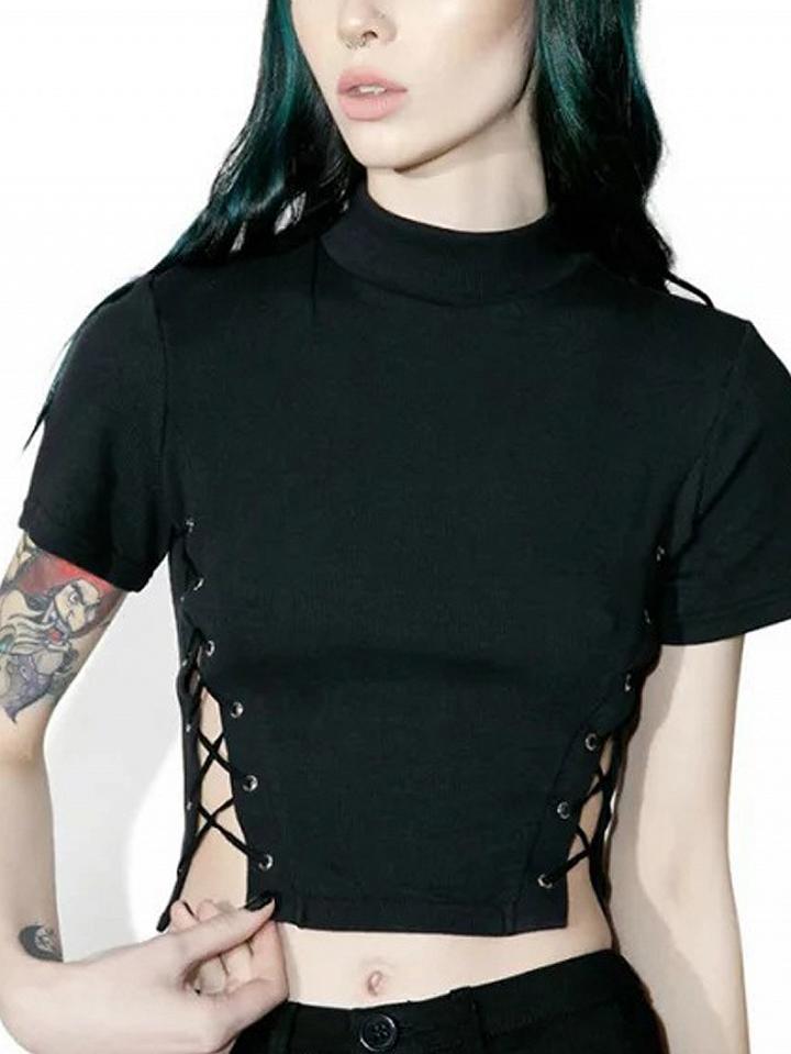 Choies Black High Neck Lace Up Side Short Sleeve Cropped T-shirt