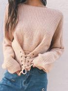 Choies Beige Eyelet Lace Up Front Long Sleeve Chic Women Sweater