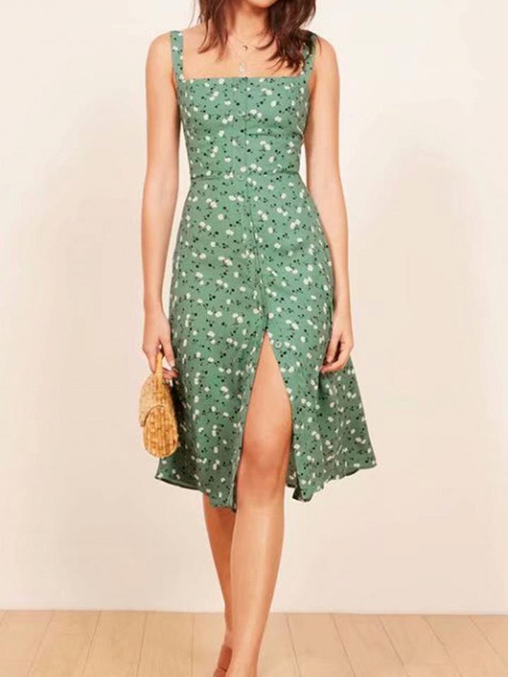 Choies Green Cherry Print Button Placket Front Chic Women Cami Midi Dress