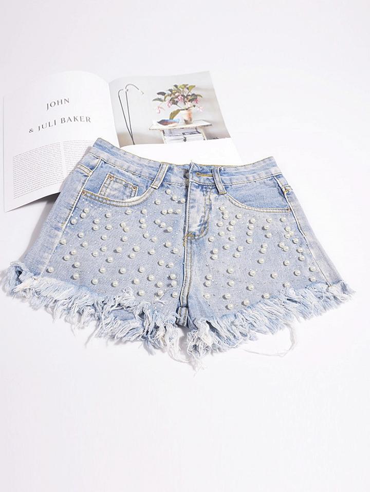 Choies Light Blue High Waist Beaded Embellished Chic Women Denim Shorts