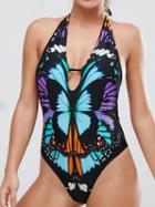 Choies Black Halter Butterfly Print Open Back Swimsuit